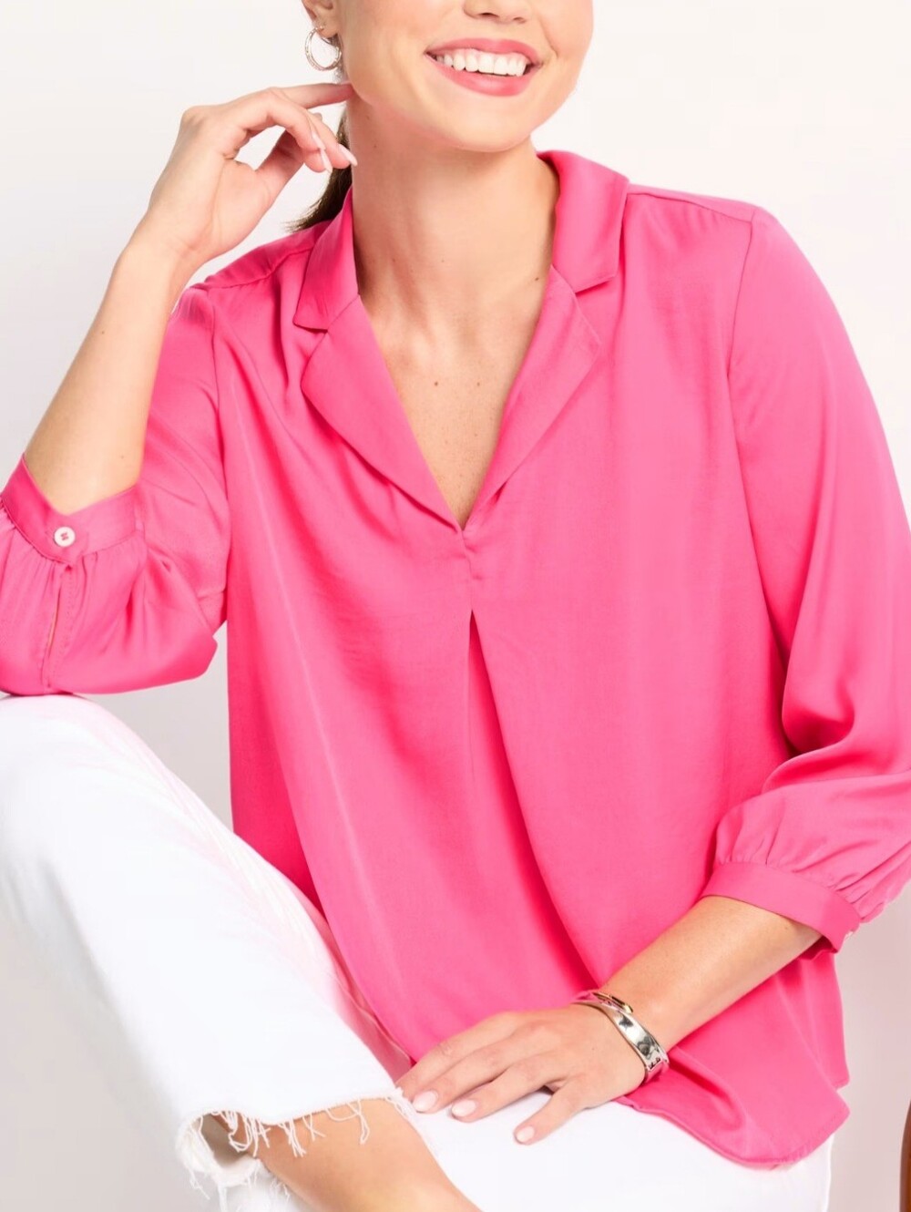 Vince Camuto Hot Pink V-Neck 3/4 Sleeve Blouse Size LG